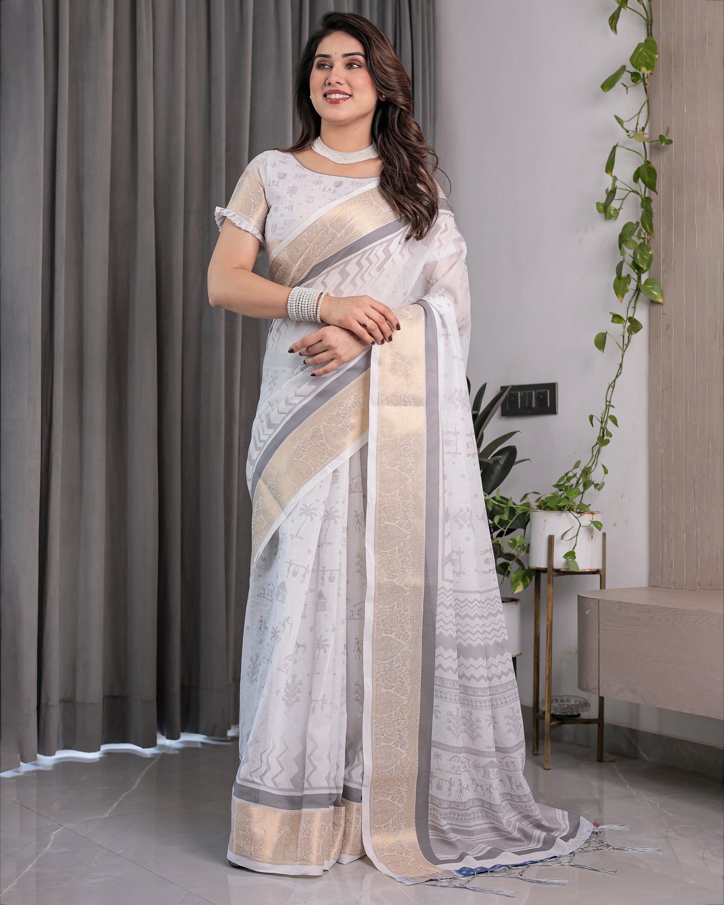 White & Grey Handloom Linen Saree with Tribal Village Print, Zari Borders & Tassel Pallu | 5.5m Saree + 0.8m Blouse