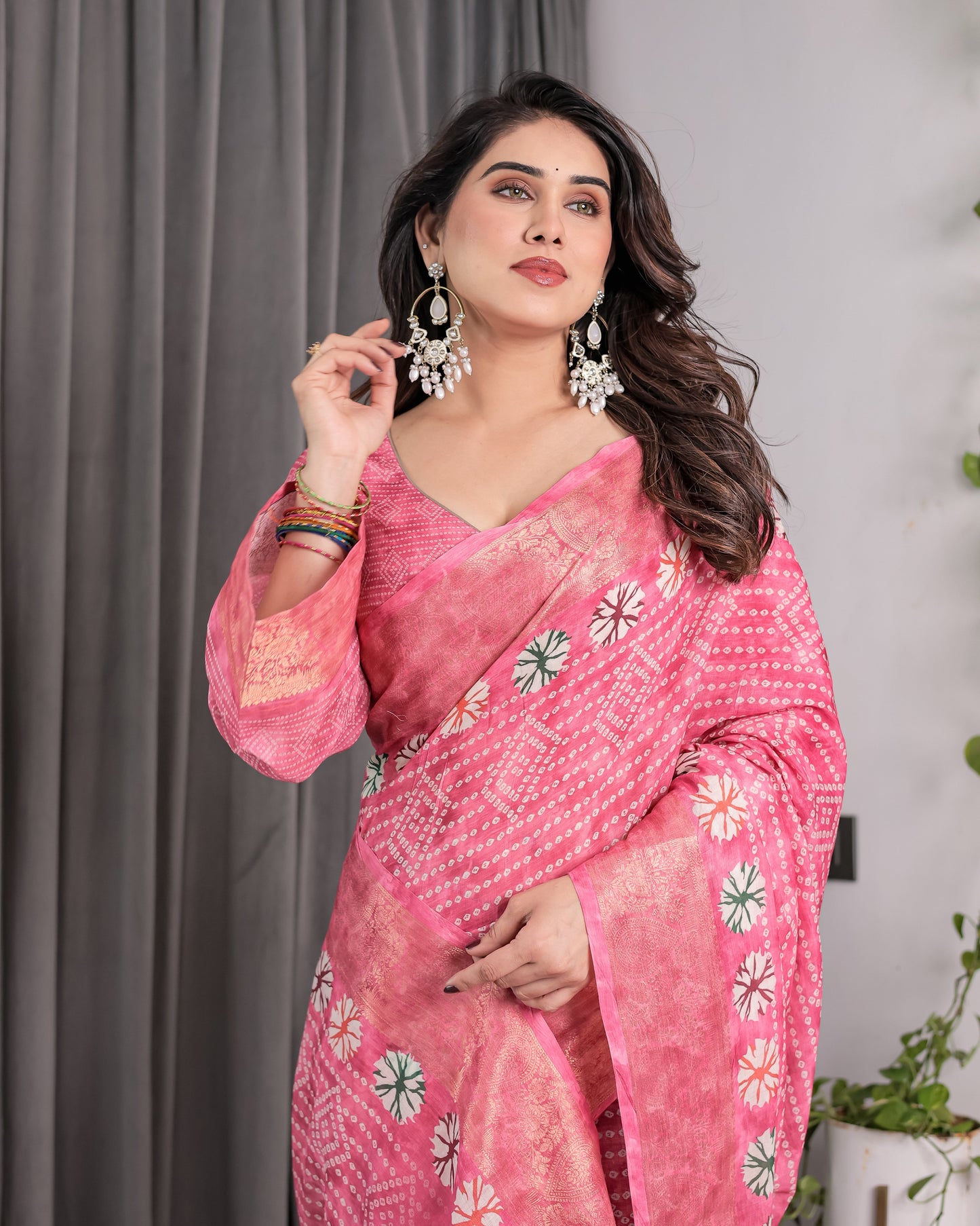 Rose Pink Bandhani-Inspired Handloom Linen Saree with White Floral Dots & Zari Border | 5.5m Saree + 0.8m Attached Blouse with Tassels