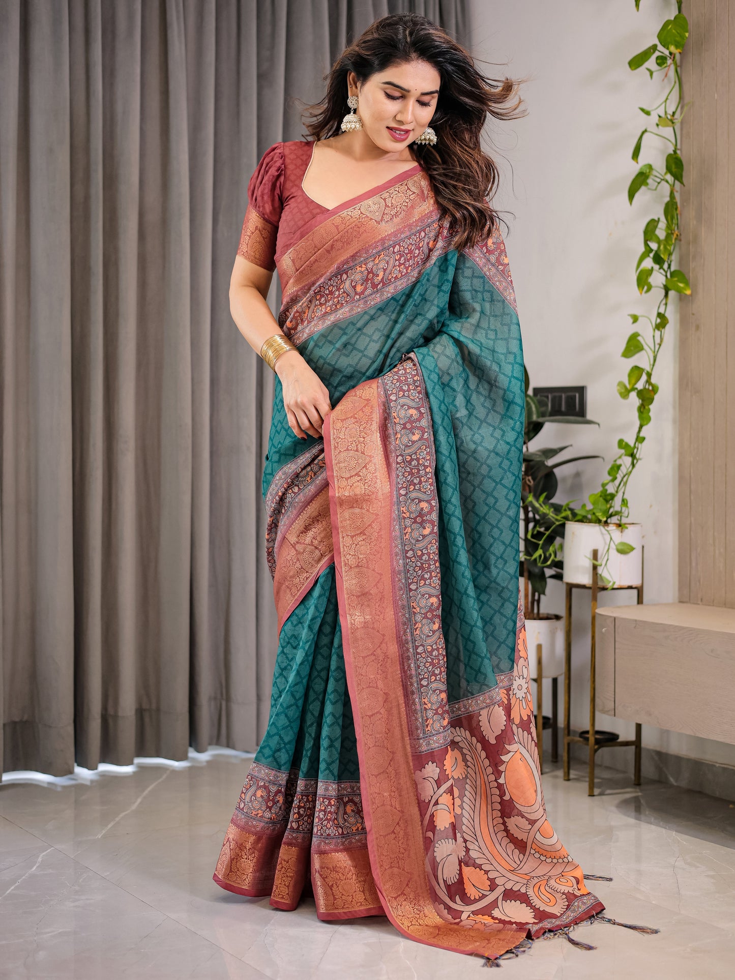 Teal Green Cotton Linen Saree with Rust Zari Border & Peacock Pallu | Ethnic Print | With Blouse