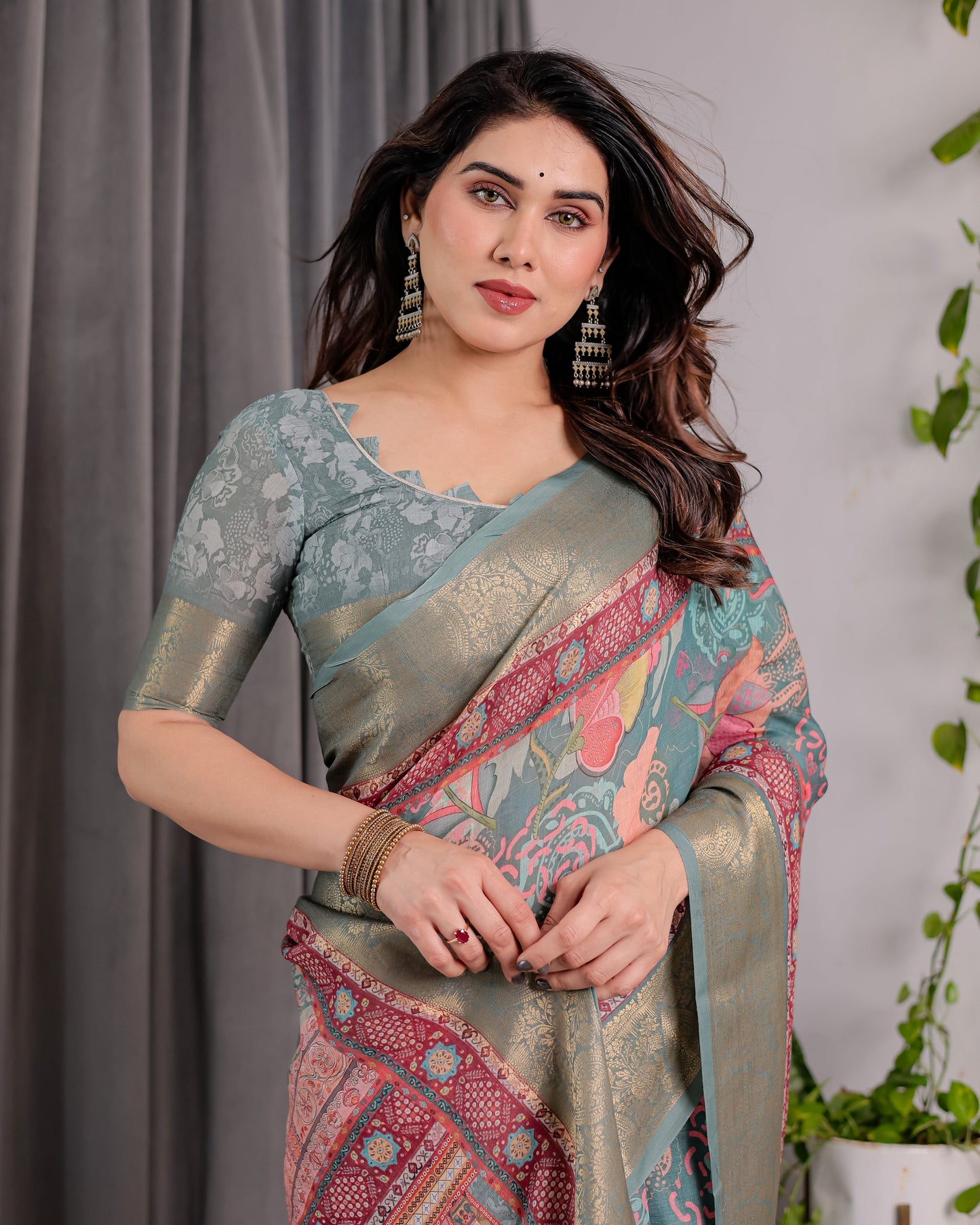 Sage Green Handloom Linen Saree with Multicolor Mythical Elephant & Floral Printed Pallu | Zari Border | 5.5m Saree + 0.8m Blouse | Festive Tassel Finish