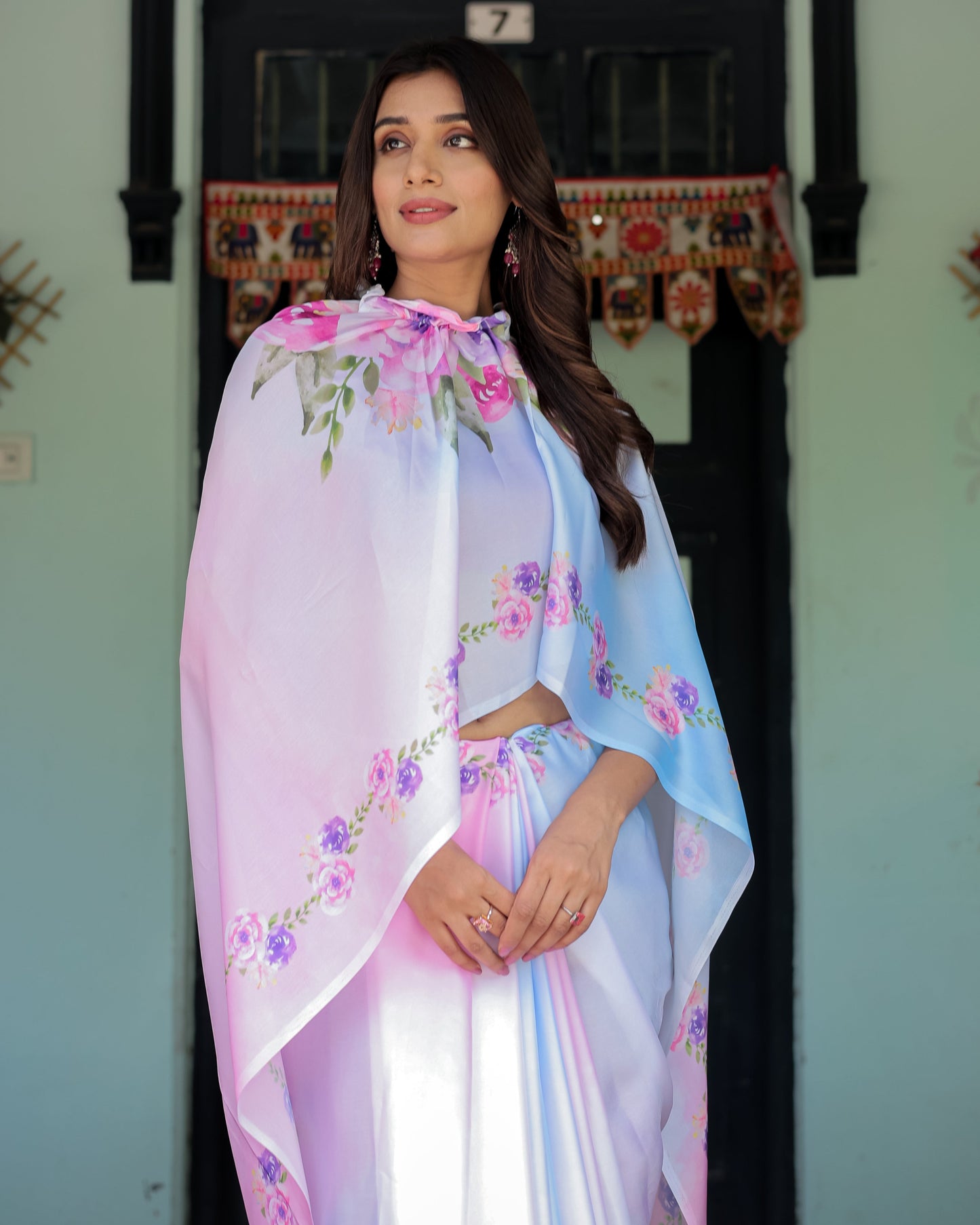 Pastel White Satin Georgette Saree with Purple Rose Floral Print & Rani Pink Blouse | Handsfree Pallu Design