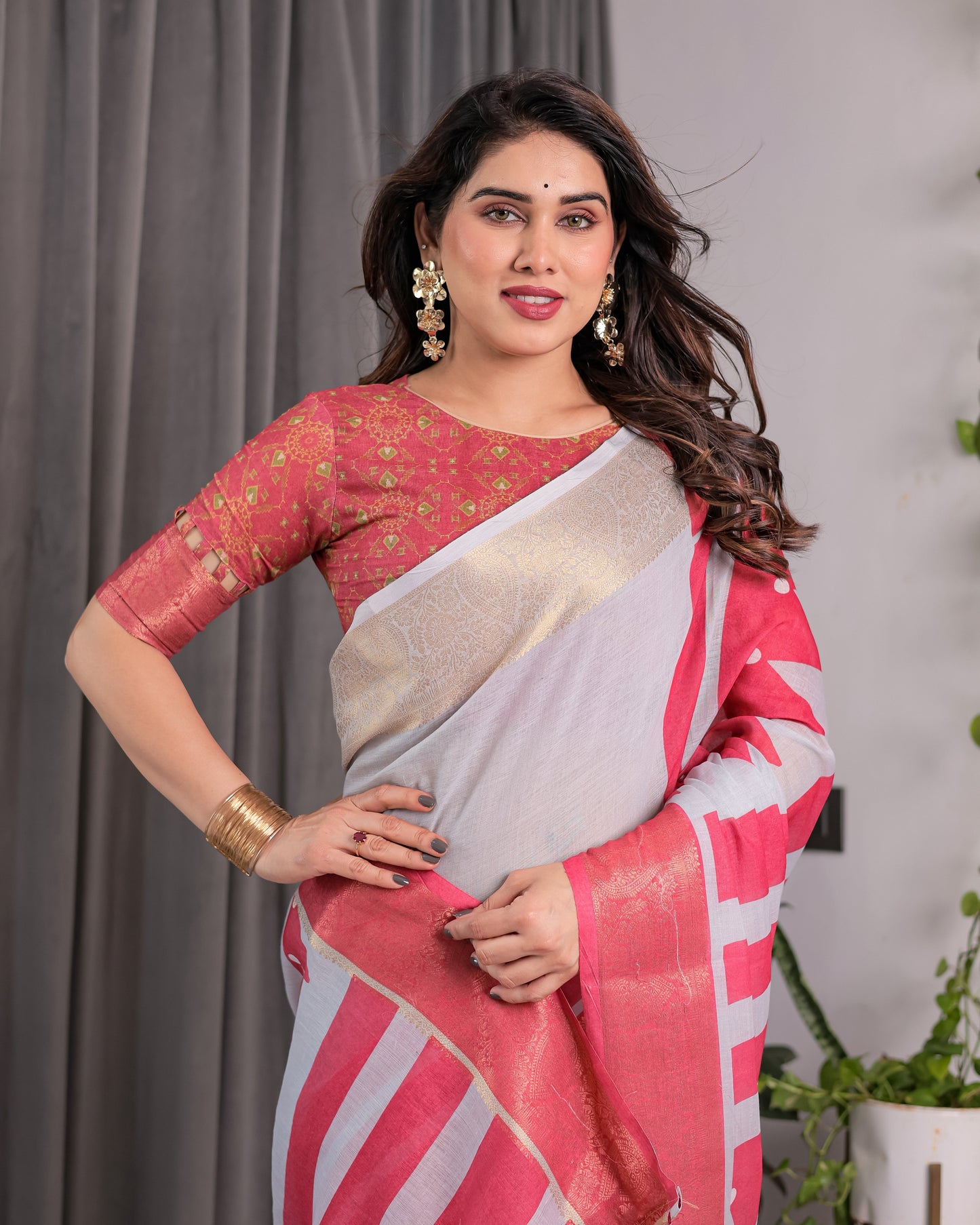 White & Pink Handloom Linen Saree with Geometric Flag Print & Gold Zari Border | Festive Tassel Detailing | Attached Blouse | 5.5m Saree + 0.8m Blouse
