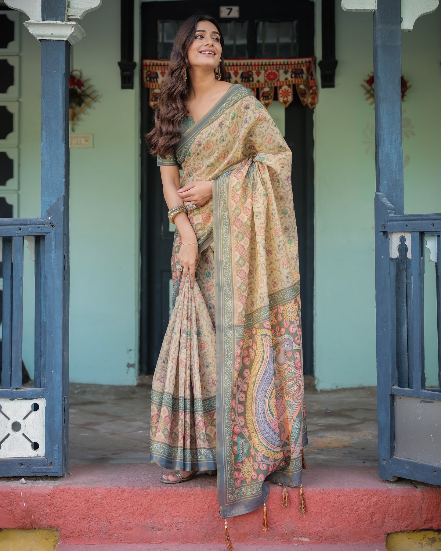 Beige Green Handloom Cotton Saree with Lotus Print & Colorful Peacock Pallu