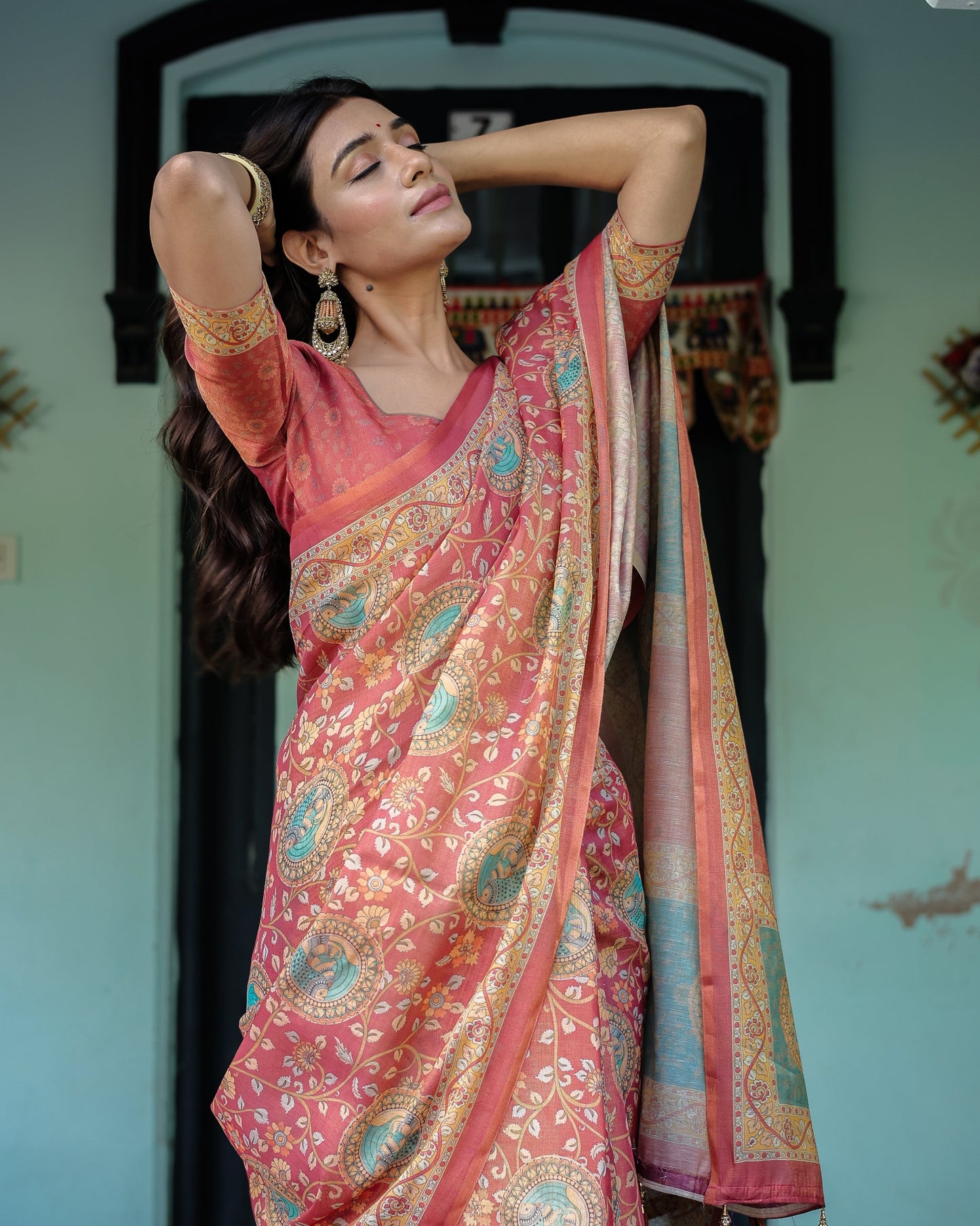 Terracotta Red Handloom Cotton Saree with Floral Vine Print & Dual-Toned Royal Motif Pallu