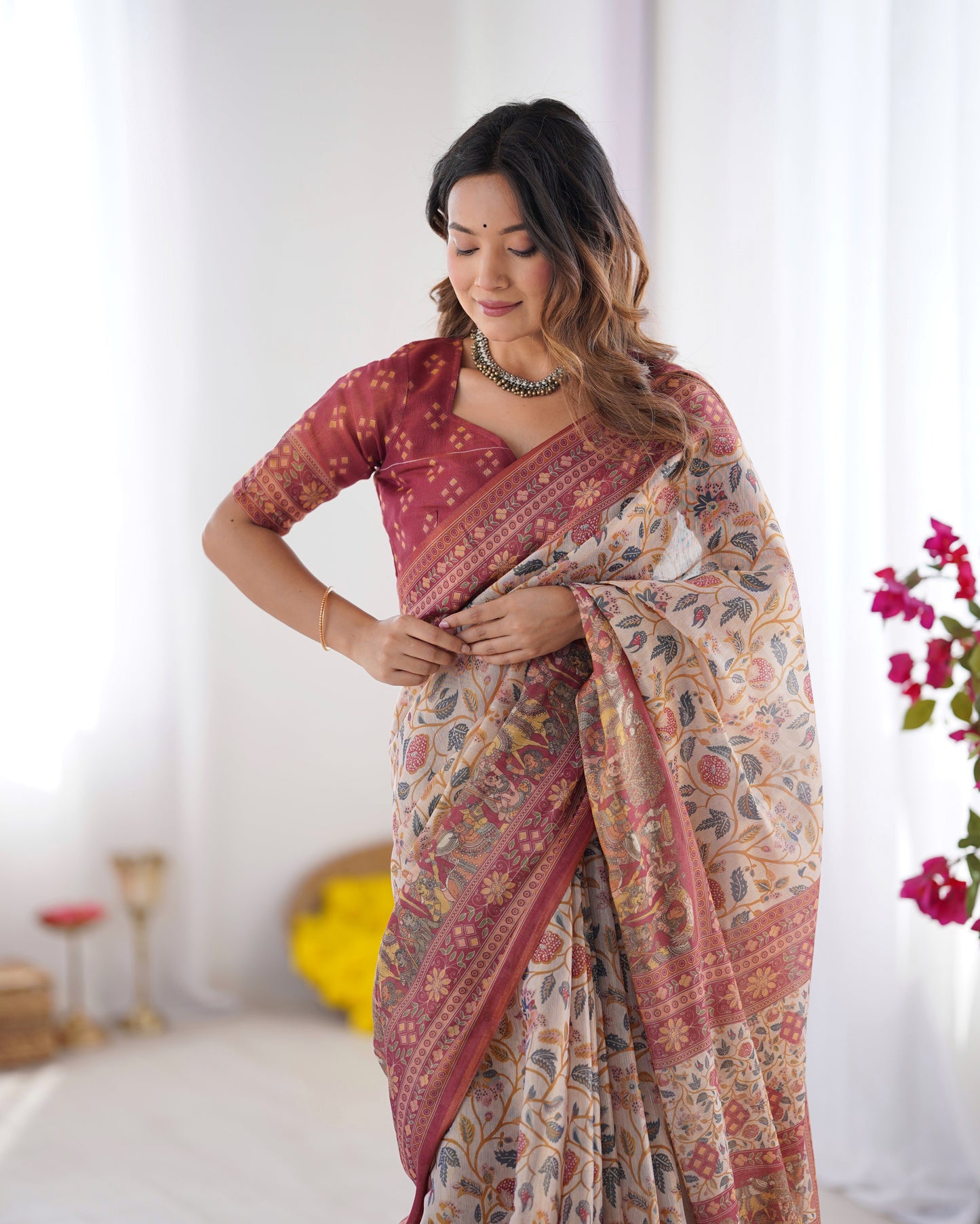 Handloom Beige Cotton Saree with Maroon Blouse, Pomegranate Floral Print & Village Tale Pallu