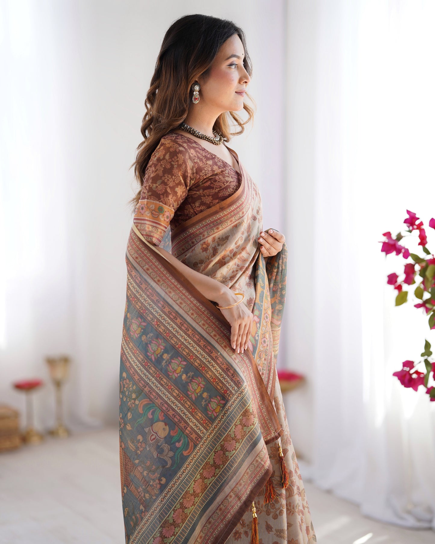 Beige & Rust Pure Linen Cotton Saree with Folk Animal Motif & Floral Print