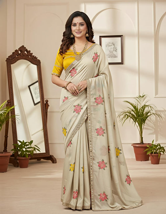 Elegant Festive Wear Soft Rangoli Silk Embroidery n Mirror Work Fancy Designer Saree With Contrast Blouse