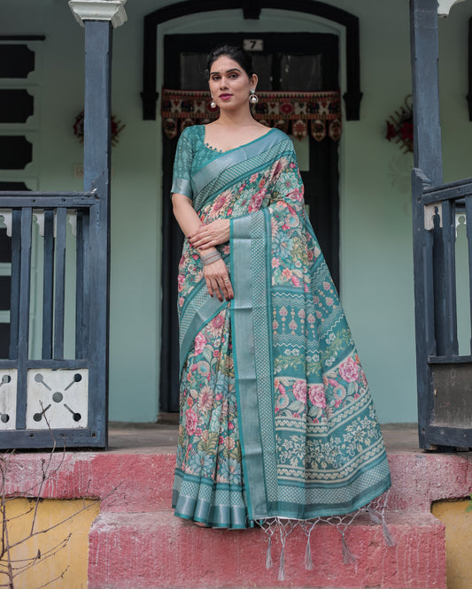 Teal Green Floral Printed Pure Cotton Linen Saree with Blouse and Tassels on Edges