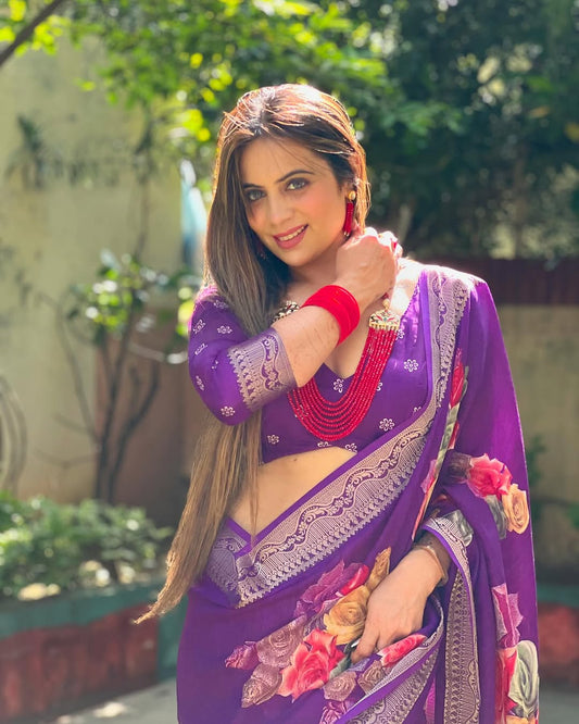 Regal Purple Tussar Silk Saree with Multicolor Floral Prints & Intricate Zari Border