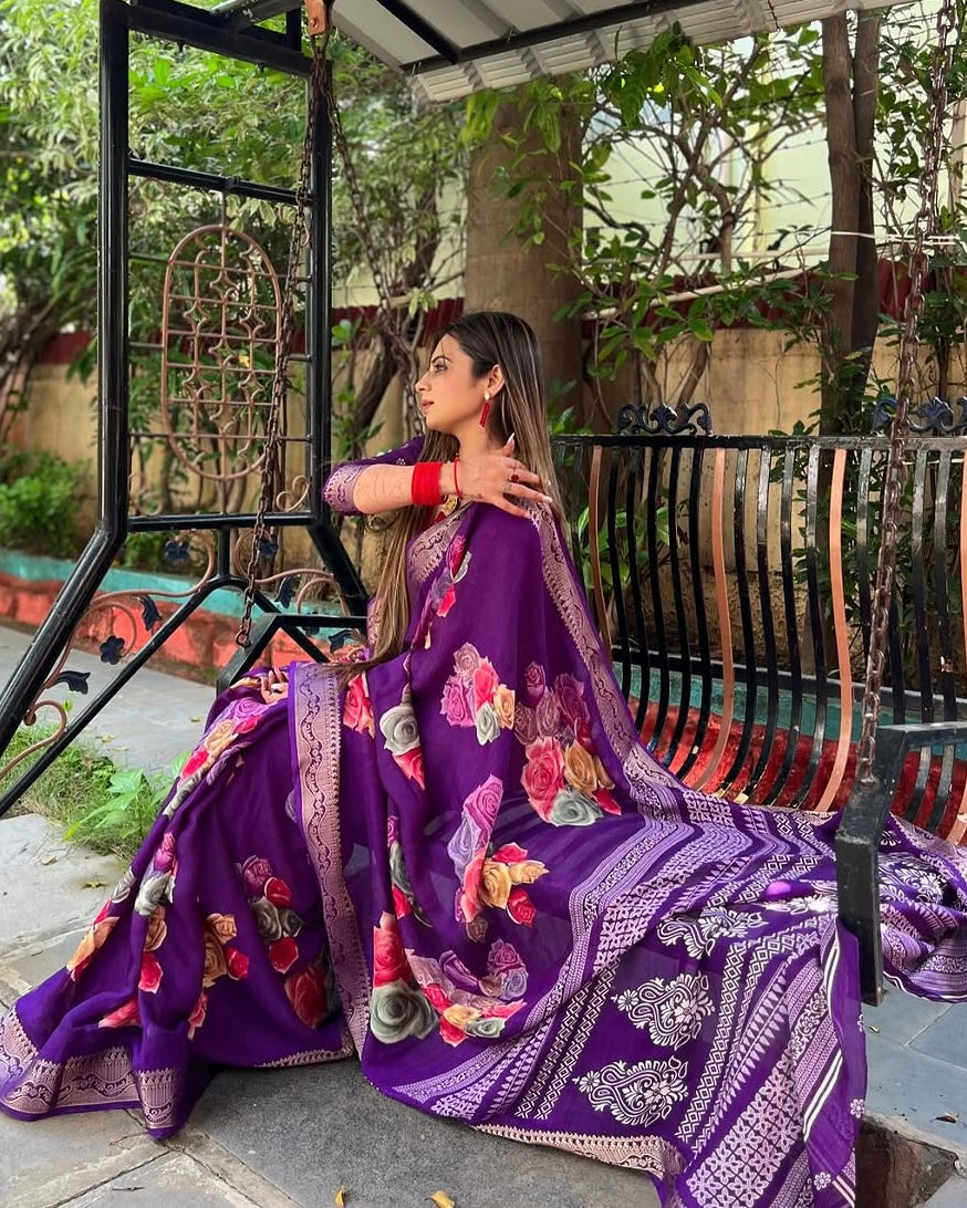 Regal Purple Tussar Silk Saree with Multicolor Floral Prints & Intricate Zari Border