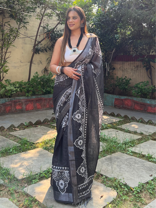 Black and White Pure Cotton Linen Saree with Intricate Floral Design and Tassels on Edges