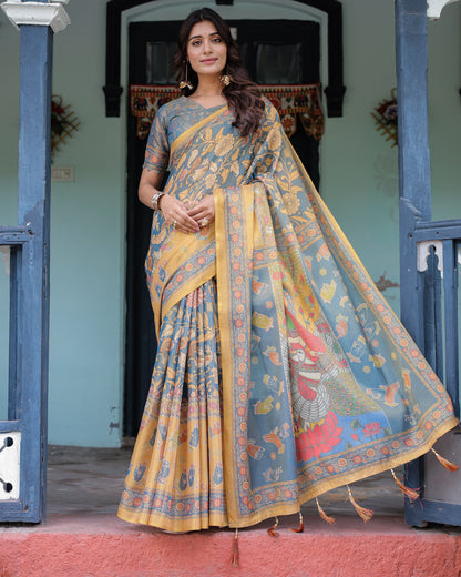 Mustard Blue Handloom Cotton Saree with Mudra Motifs & Goddess Saraswati Pallu