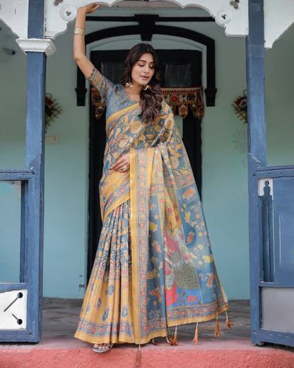 Mustard Blue Handloom Cotton Saree with Mudra Motifs & Goddess Saraswati Pallu