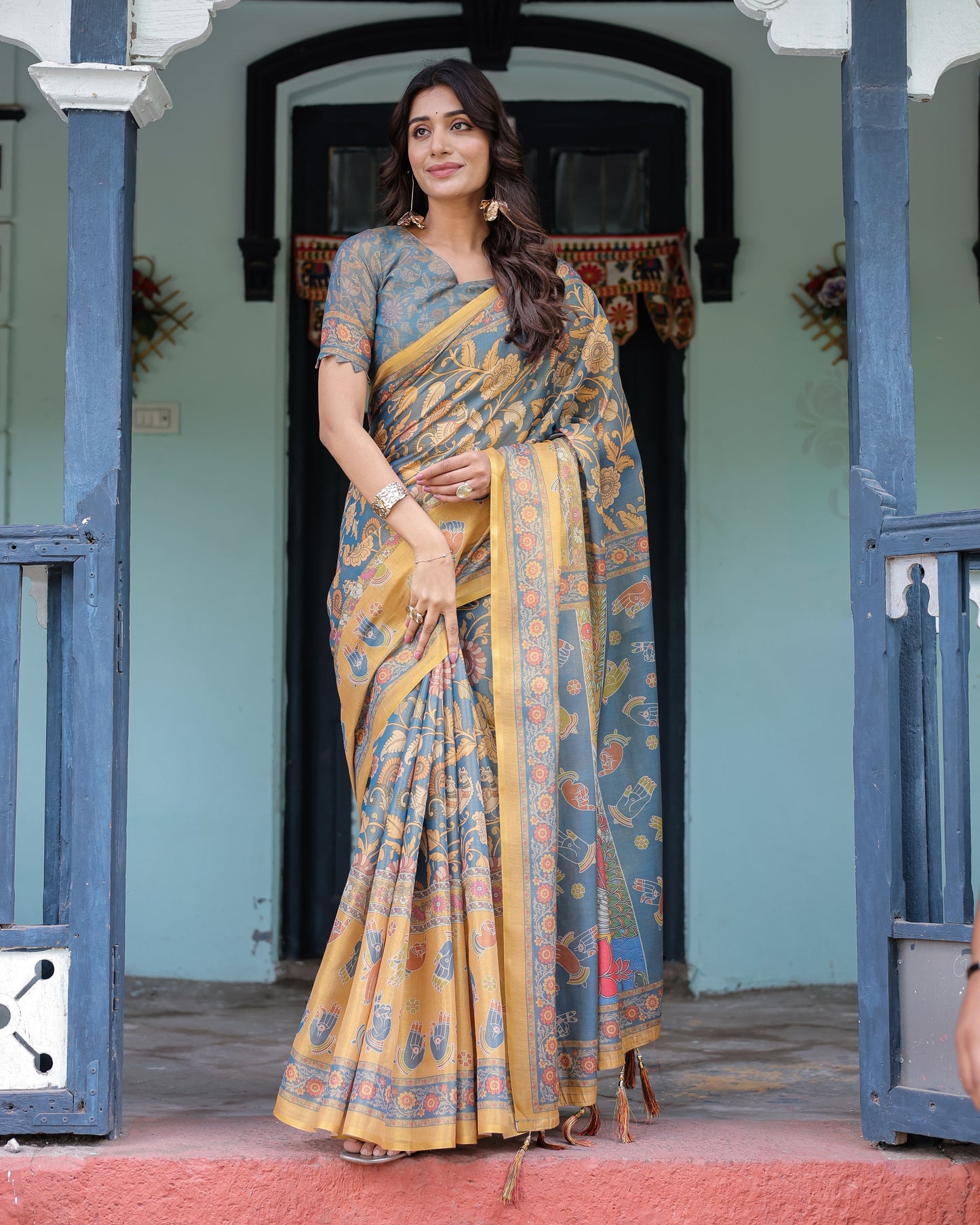 Mustard Blue Handloom Cotton Saree with Mudra Motifs & Goddess Saraswati Pallu