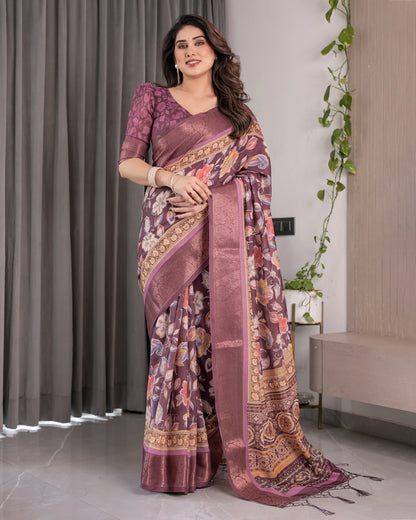Plum Purple Handloom Linen Saree with Multicolor Floral Pallu & Antique Zari Border | 5.5m Saree + 0.8m Blouse with Tassels