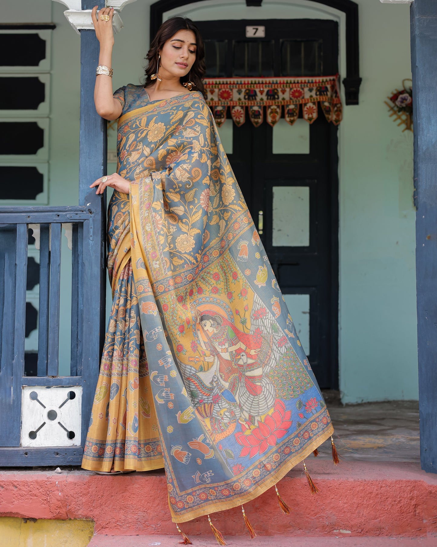 Mustard Blue Handloom Cotton Saree with Mudra Motifs & Goddess Saraswati Pallu