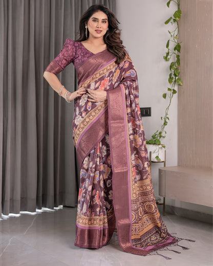 Plum Purple Handloom Linen Saree with Multicolor Floral Pallu & Antique Zari Border | 5.5m Saree + 0.8m Blouse with Tassels
