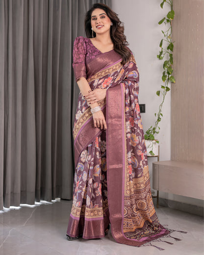 Plum Purple Handloom Linen Saree with Multicolor Floral Pallu & Antique Zari Border | 5.5m Saree + 0.8m Blouse with Tassels