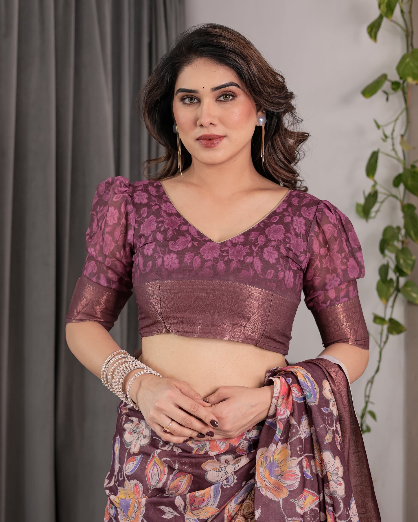 Plum Purple Handloom Linen Saree with Multicolor Floral Pallu & Antique Zari Border | 5.5m Saree + 0.8m Blouse with Tassels