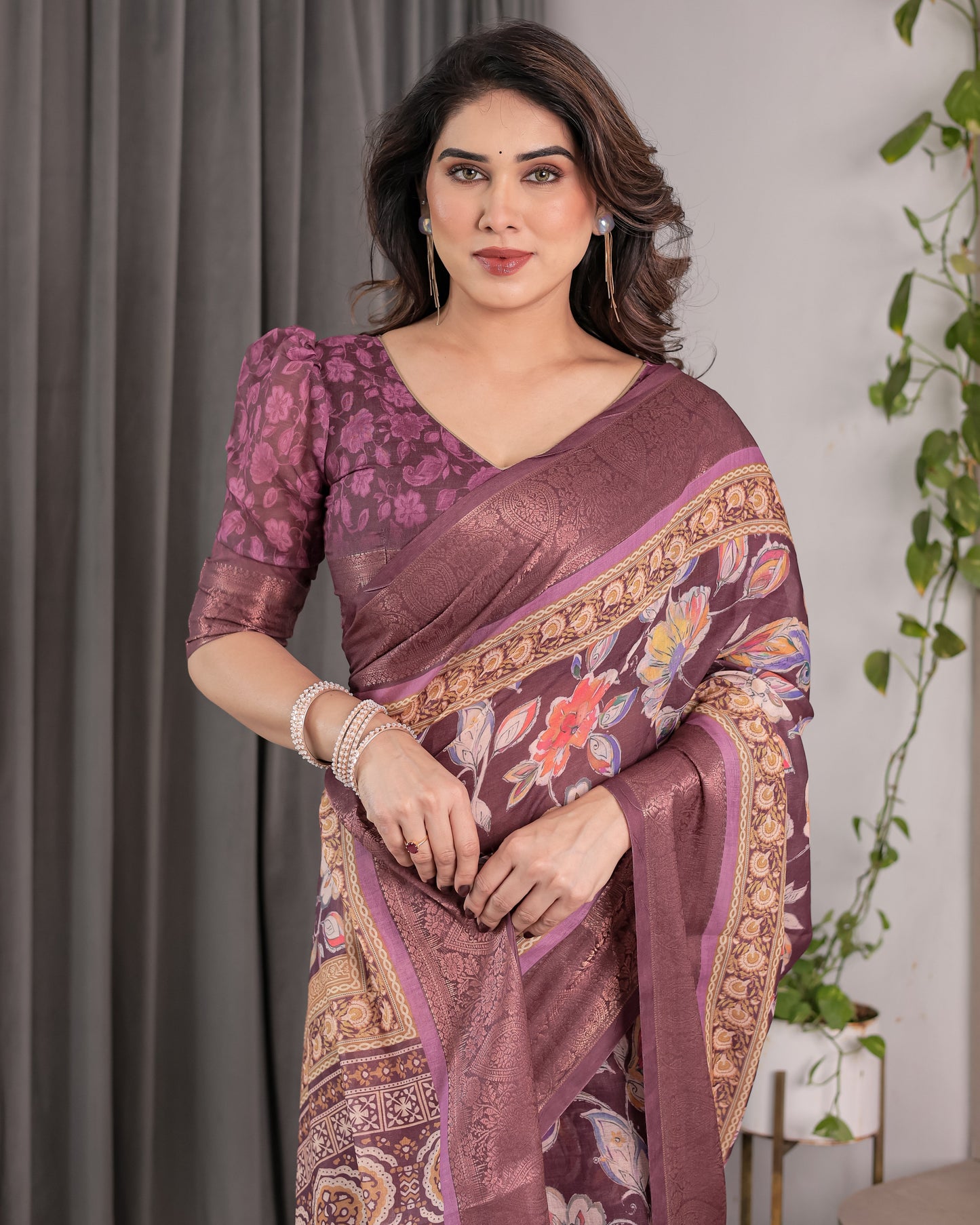 Plum Purple Handloom Linen Saree with Multicolor Floral Pallu & Antique Zari Border | 5.5m Saree + 0.8m Blouse with Tassels