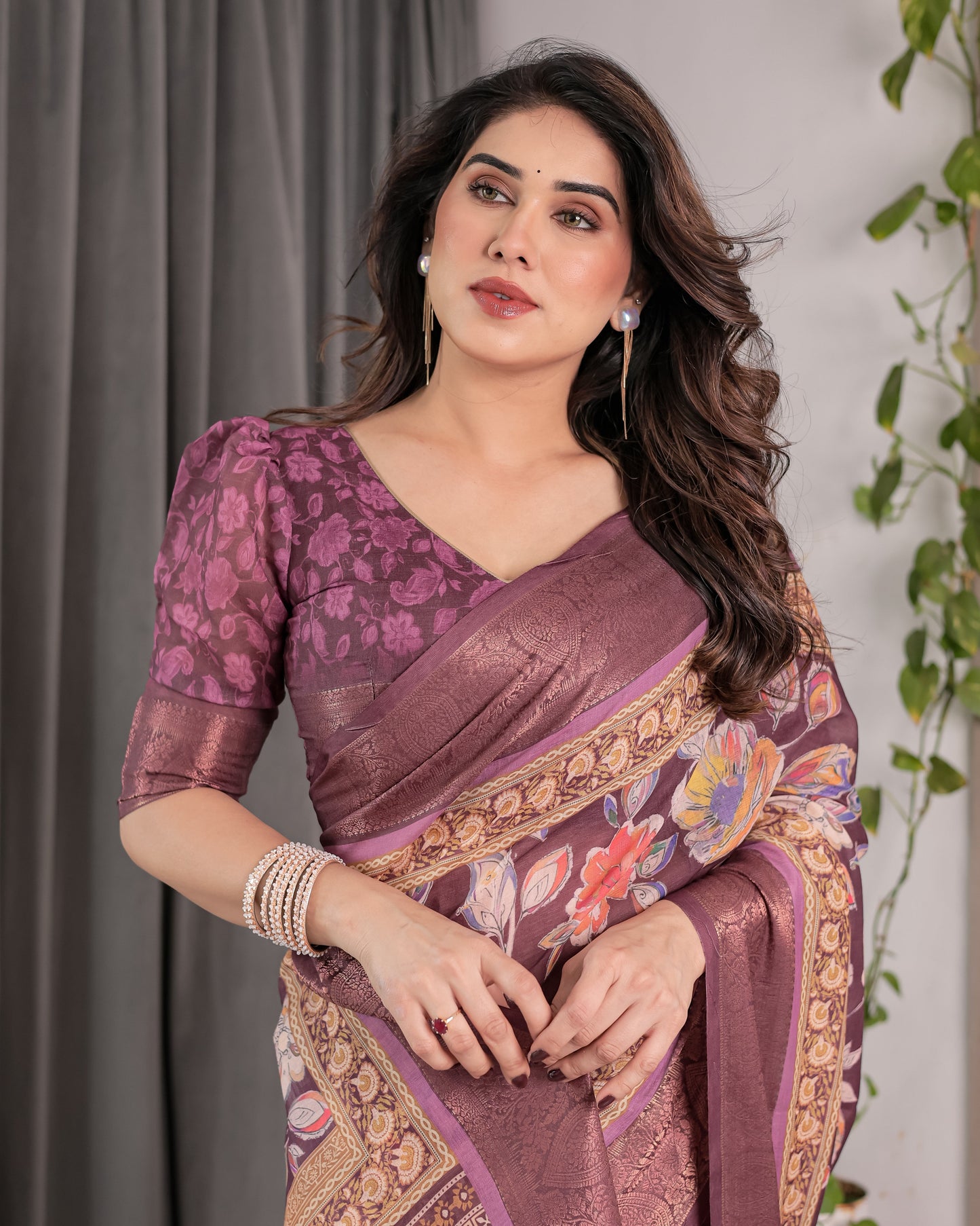 Plum Purple Handloom Linen Saree with Multicolor Floral Pallu & Antique Zari Border | 5.5m Saree + 0.8m Blouse with Tassels