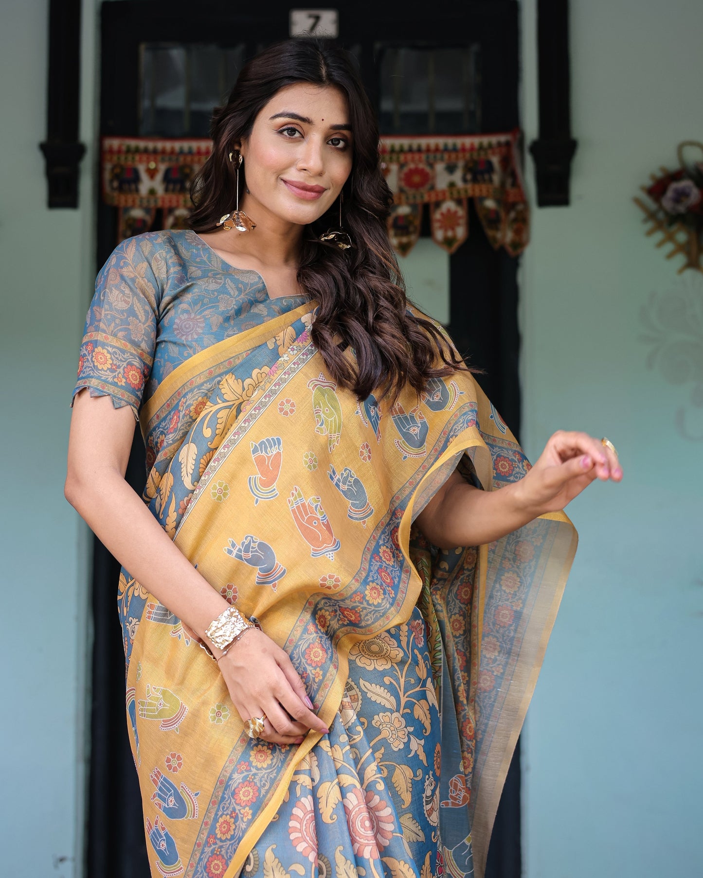 Mustard Blue Handloom Cotton Saree with Mudra Motifs & Goddess Saraswati Pallu