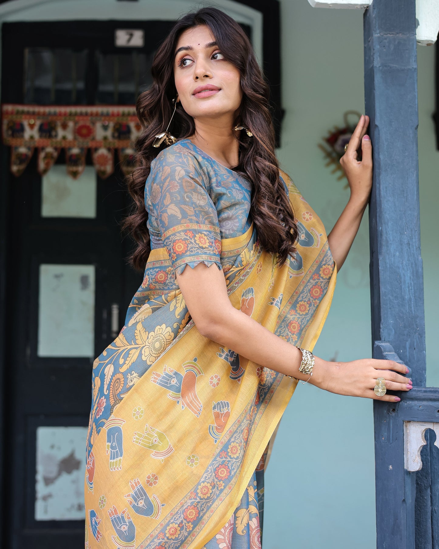 Mustard Blue Handloom Cotton Saree with Mudra Motifs & Goddess Saraswati Pallu