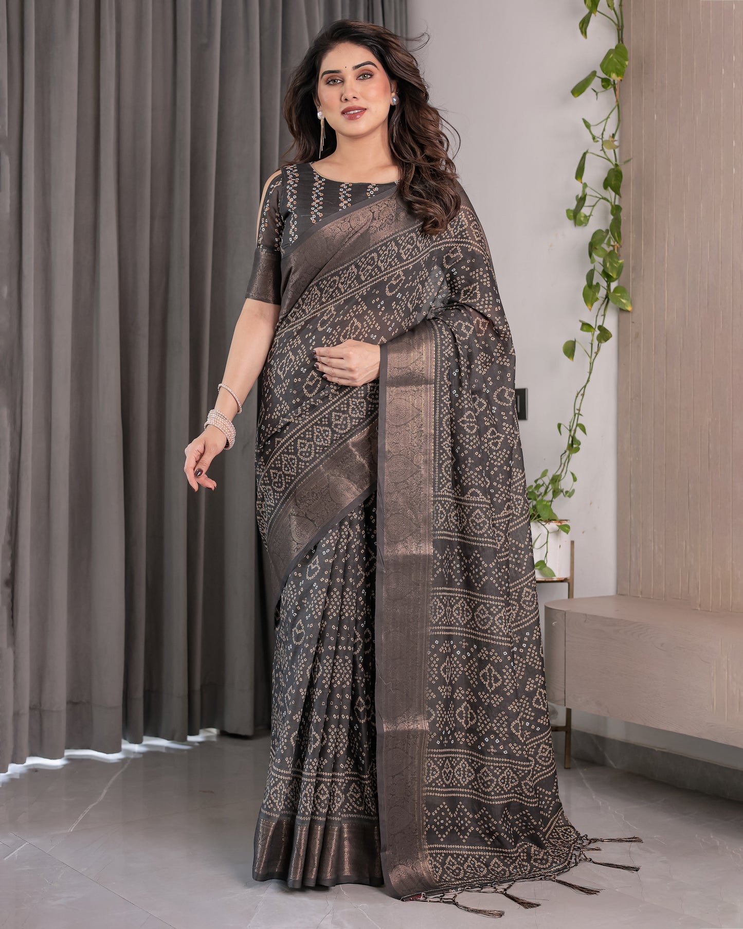 Charcoal Black Handloom Linen Saree with Ivory Tribal Bandhani Print & Zari Border | Tassel Pallu | 5.5m Saree + 0.8m Blouse