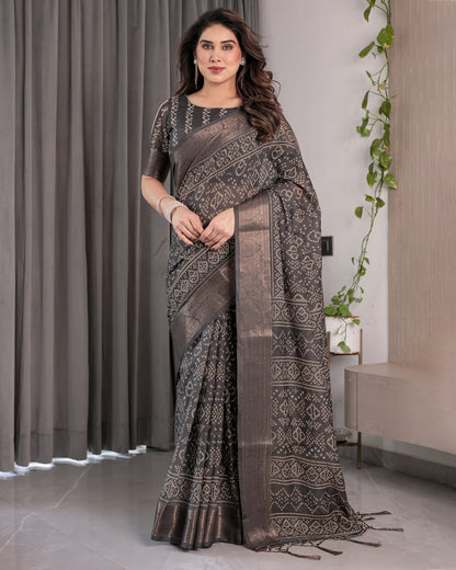 Charcoal Black Handloom Linen Saree with Ivory Tribal Bandhani Print & Zari Border | Tassel Pallu | 5.5m Saree + 0.8m Blouse