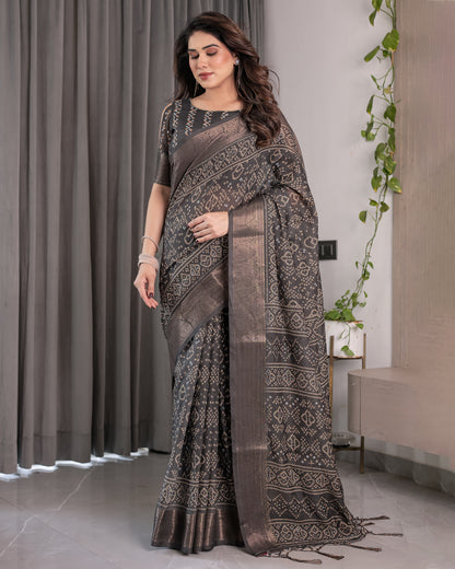 Charcoal Black Handloom Linen Saree with Ivory Tribal Bandhani Print & Zari Border | Tassel Pallu | 5.5m Saree + 0.8m Blouse