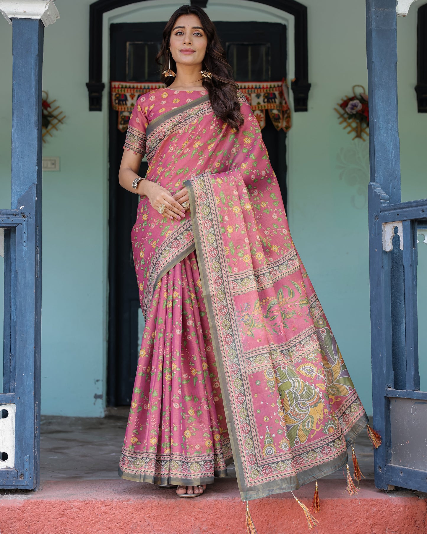 Rani Pink Handloom Cotton Saree with Yellow Floral Print & Royal Horse Pallu
