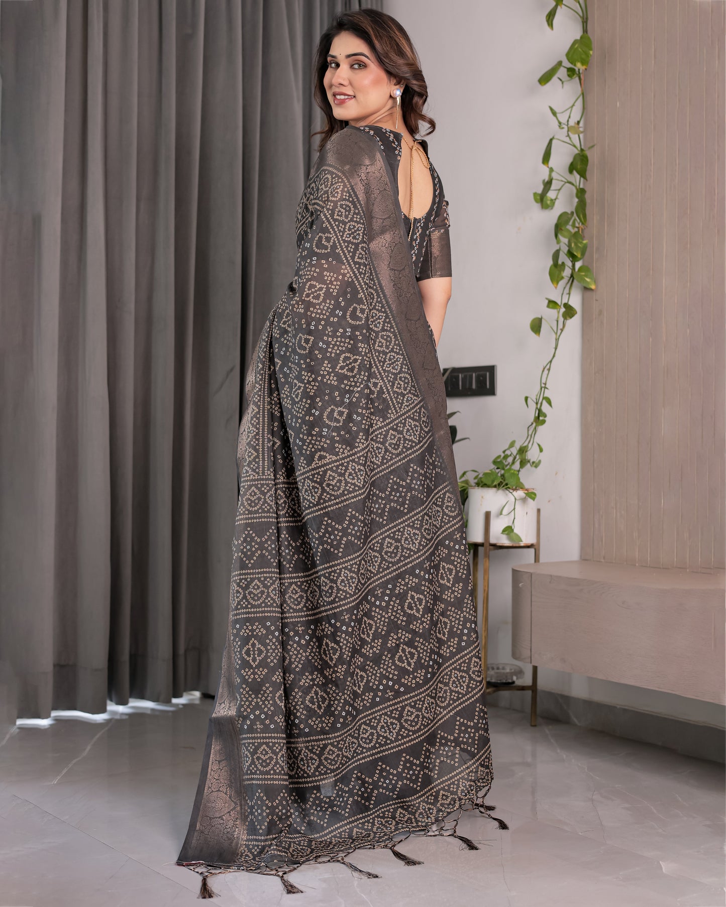 Charcoal Black Handloom Linen Saree with Ivory Tribal Bandhani Print & Zari Border | Tassel Pallu | 5.5m Saree + 0.8m Blouse