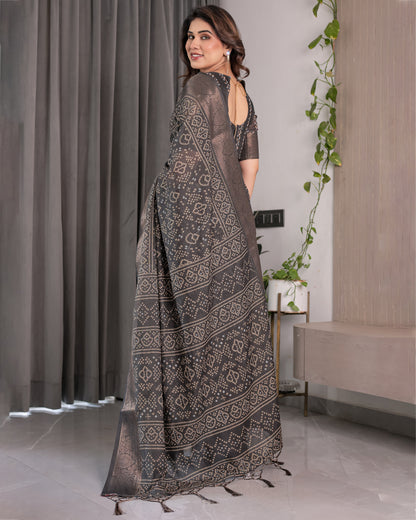 Charcoal Black Handloom Linen Saree with Ivory Tribal Bandhani Print & Zari Border | Tassel Pallu | 5.5m Saree + 0.8m Blouse