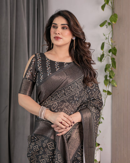 Charcoal Black Handloom Linen Saree with Ivory Tribal Bandhani Print & Zari Border | Tassel Pallu | 5.5m Saree + 0.8m Blouse