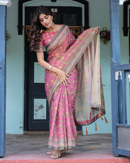 Rani Pink Handloom Cotton Saree with Yellow Floral Print & Royal Horse Pallu