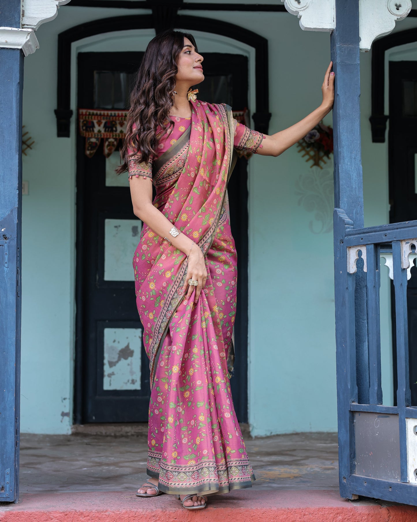 Rani Pink Handloom Cotton Saree with Yellow Floral Print & Royal Horse Pallu