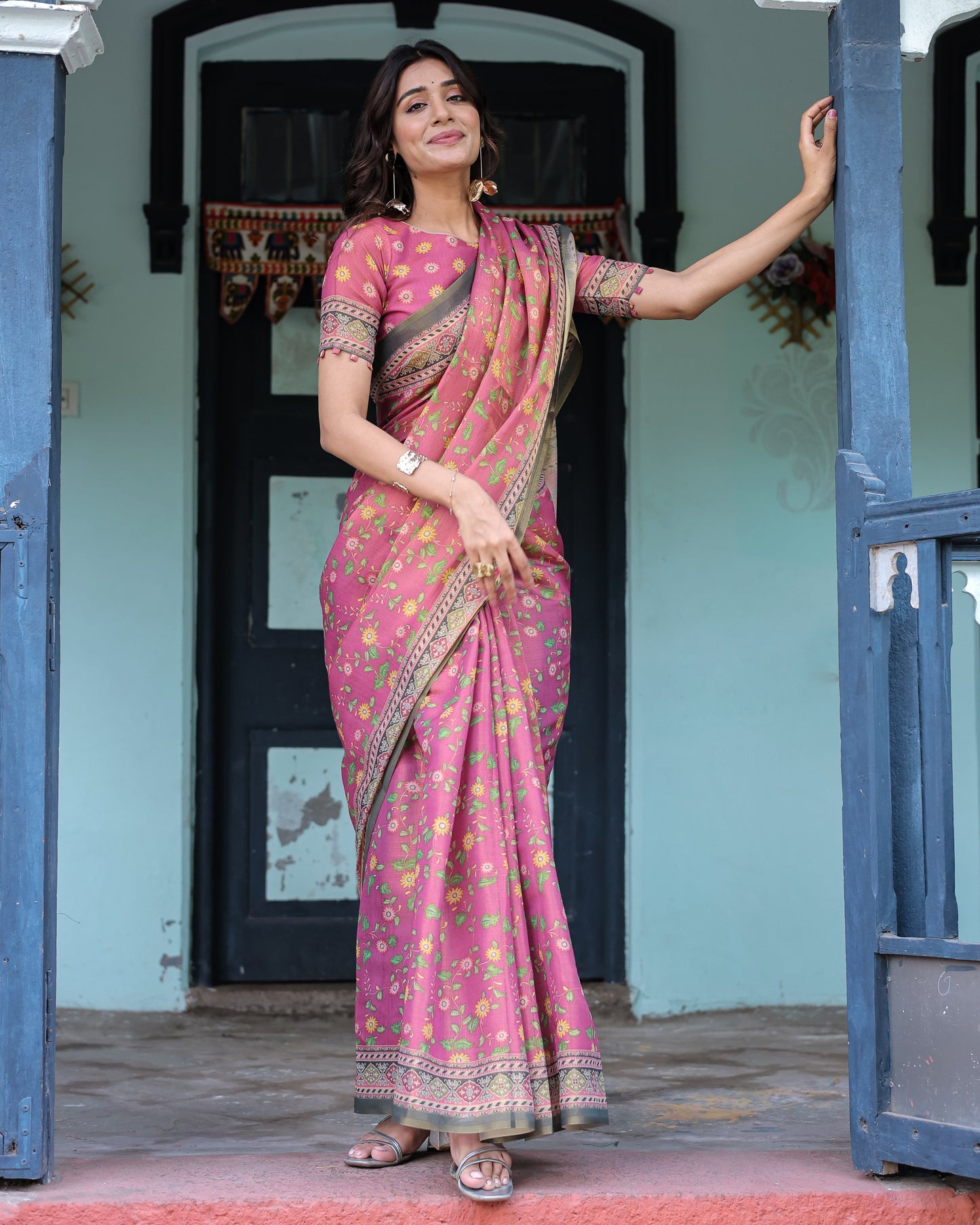 Rani Pink Handloom Cotton Saree with Yellow Floral Print & Royal Horse Pallu