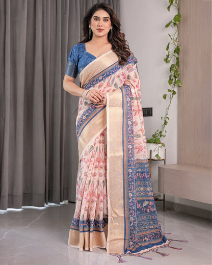 Ivory Pink Handloom Linen Saree with Multicolor Botanical Print & Navy Blue Pallu | Gold Zari Border & Tassel Detailing | 5.5m Saree + 0.8m Blouse