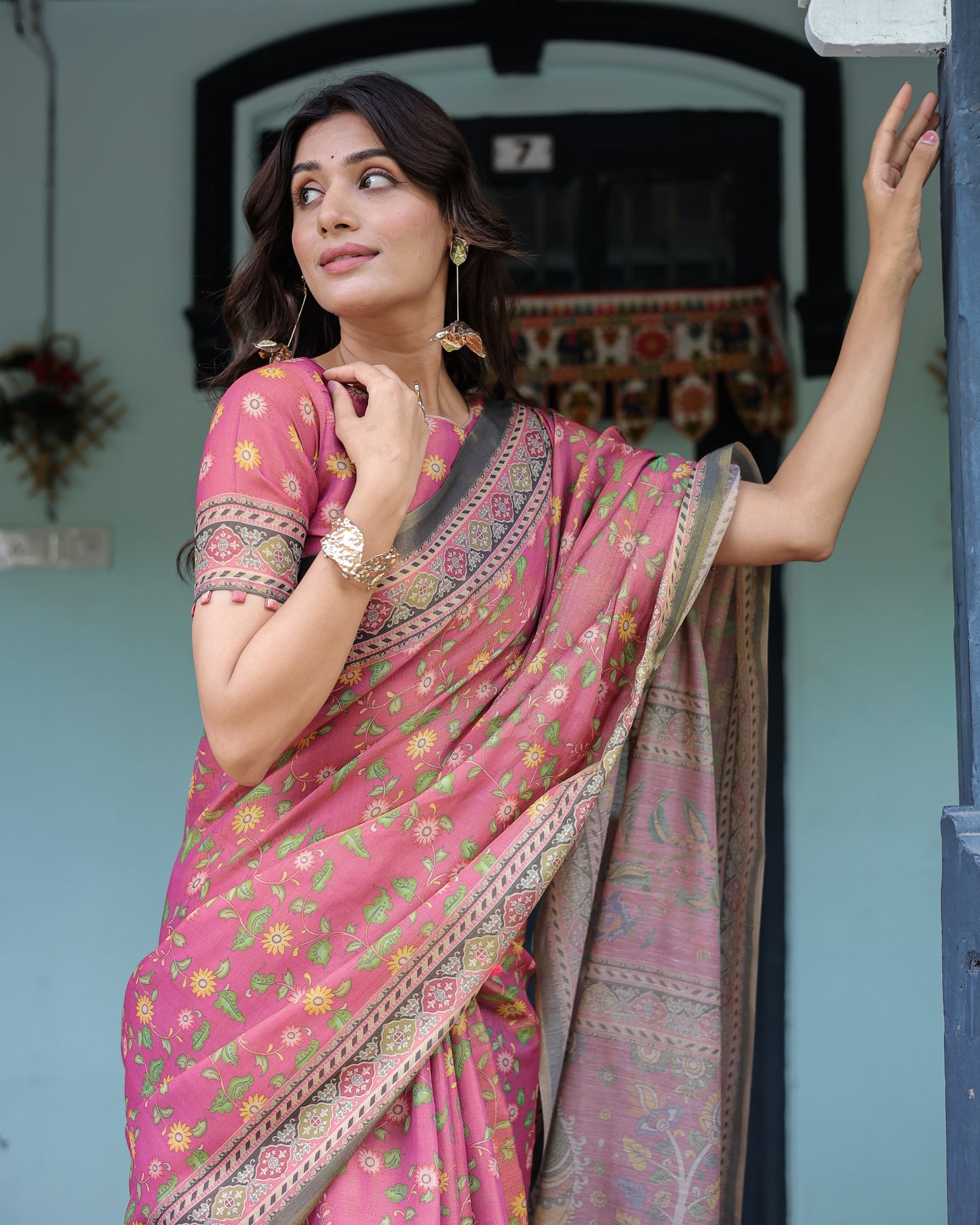 Rani Pink Handloom Cotton Saree with Yellow Floral Print & Royal Horse Pallu