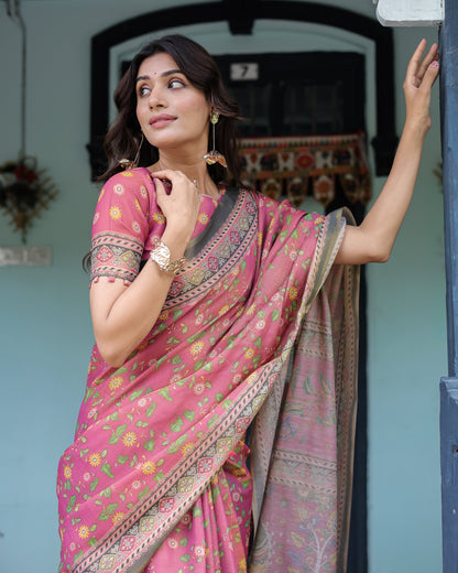 Rani Pink Handloom Cotton Saree with Yellow Floral Print & Royal Horse Pallu