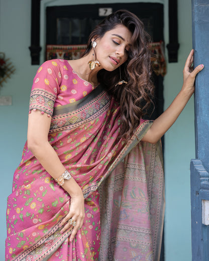 Rani Pink Handloom Cotton Saree with Yellow Floral Print & Royal Horse Pallu