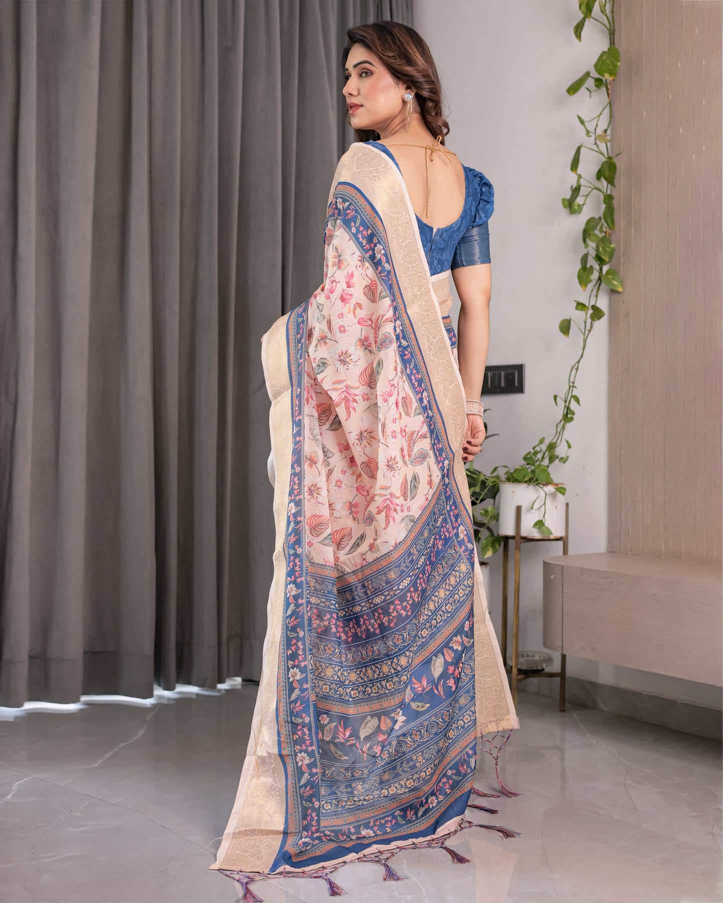 Ivory Pink Handloom Linen Saree with Multicolor Botanical Print & Navy Blue Pallu | Gold Zari Border & Tassel Detailing | 5.5m Saree + 0.8m Blouse