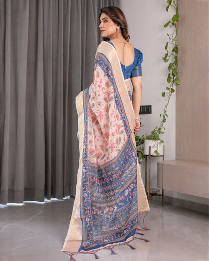 Ivory Pink Handloom Linen Saree with Multicolor Botanical Print & Navy Blue Pallu | Gold Zari Border & Tassel Detailing | 5.5m Saree + 0.8m Blouse