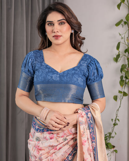 Ivory Pink Handloom Linen Saree with Multicolor Botanical Print & Navy Blue Pallu | Gold Zari Border & Tassel Detailing | 5.5m Saree + 0.8m Blouse