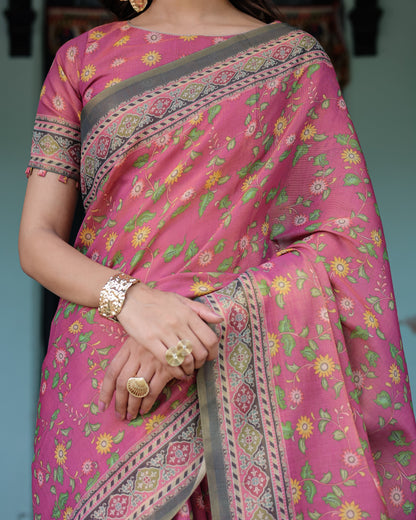 Rani Pink Handloom Cotton Saree with Yellow Floral Print & Royal Horse Pallu