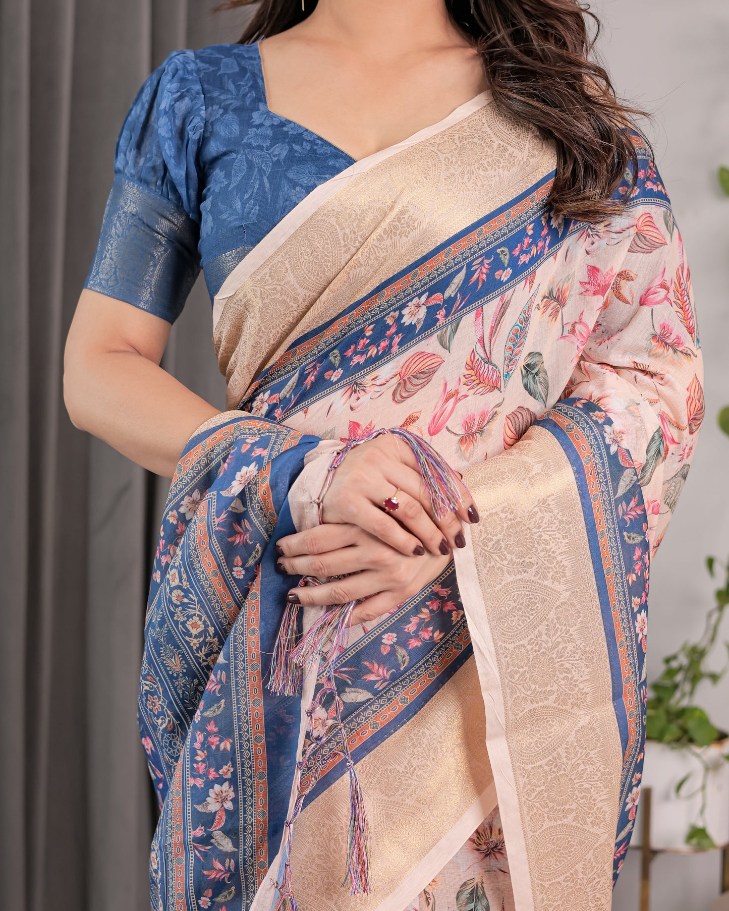 Ivory Pink Handloom Linen Saree with Multicolor Botanical Print & Navy Blue Pallu | Gold Zari Border & Tassel Detailing | 5.5m Saree + 0.8m Blouse