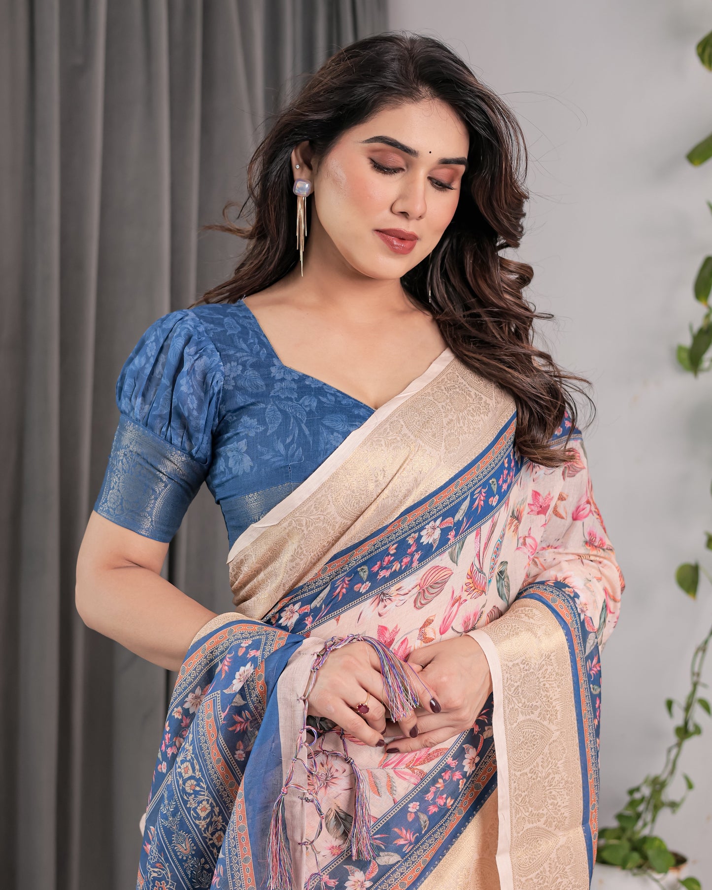 Ivory Pink Handloom Linen Saree with Multicolor Botanical Print & Navy Blue Pallu | Gold Zari Border & Tassel Detailing | 5.5m Saree + 0.8m Blouse