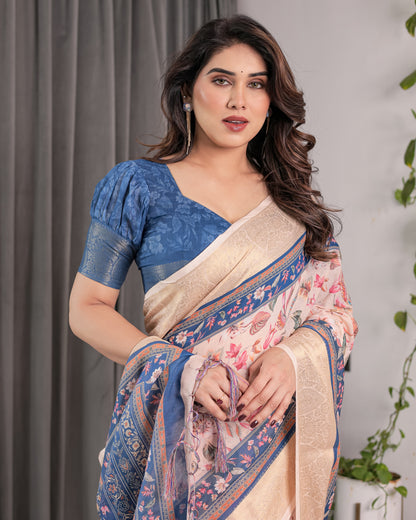 Ivory Pink Handloom Linen Saree with Multicolor Botanical Print & Navy Blue Pallu | Gold Zari Border & Tassel Detailing | 5.5m Saree + 0.8m Blouse