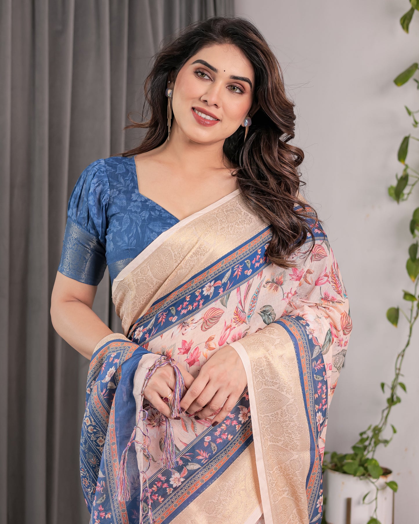 Ivory Pink Handloom Linen Saree with Multicolor Botanical Print & Navy Blue Pallu | Gold Zari Border & Tassel Detailing | 5.5m Saree + 0.8m Blouse