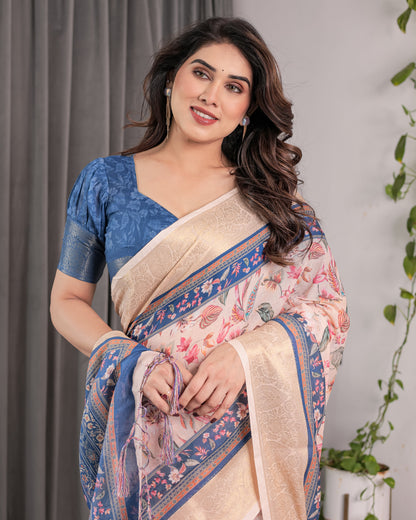 Ivory Pink Handloom Linen Saree with Multicolor Botanical Print & Navy Blue Pallu | Gold Zari Border & Tassel Detailing | 5.5m Saree + 0.8m Blouse